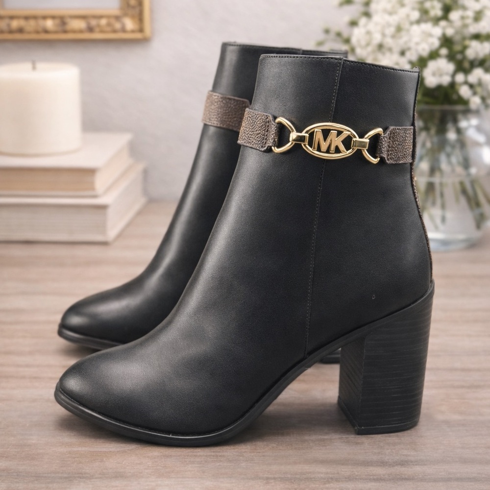 Michael Kors Black Heeled Boots with Gold Accent